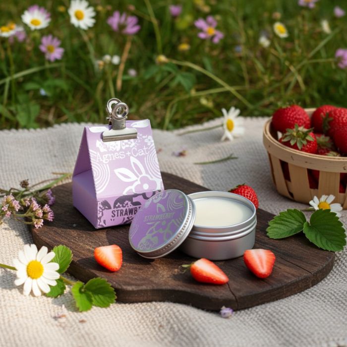 Veganer Agnes & Cat Lippenbalsam Erdbeere – feuchtigkeitsspendend mit Sheabutter in Ambiente Stimmung auf einem Tisch