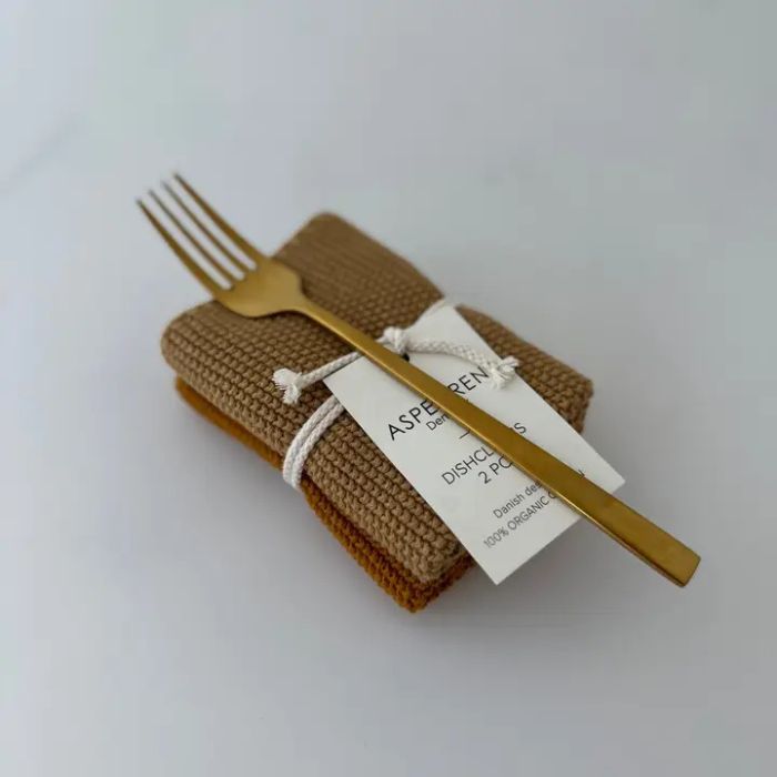 Hochwertiges gestricktes Spültuch Senf von Aspegren, ideal für nachhaltige Küchen