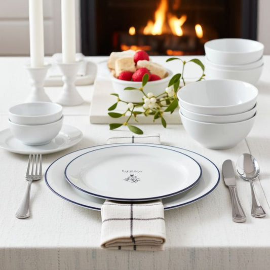 Bastion Collections Keramik Dessertteller Weiss mit Schriftzug „Happiness“ – Ambiente gedeckter Tisch