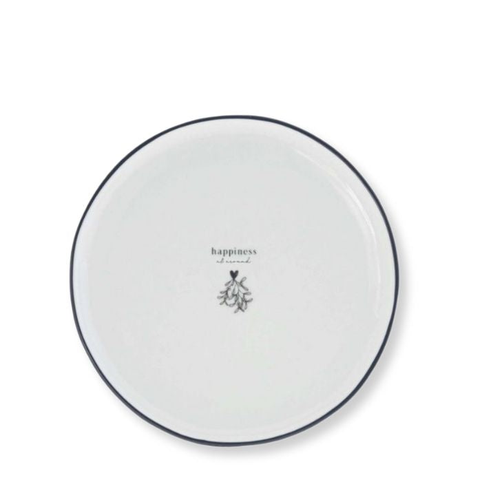 Bastion Collections Keramik Dessertteller Weiss mit Schriftzug „Happiness“ – Vorderansicht