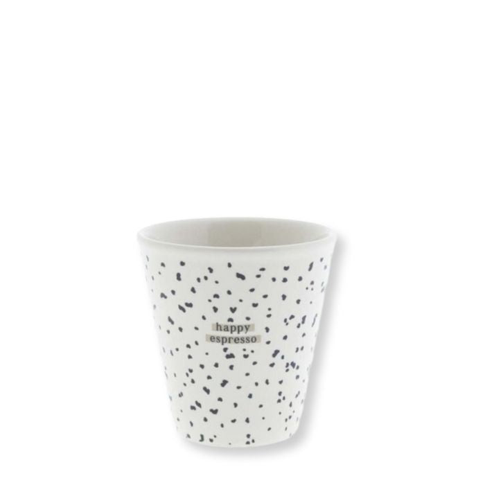 Bastion Collections Keramik Espresso-Becher Paperlook Little Dots Happy weiss mit schwarzem Pünktchenmuster – Vorderansicht