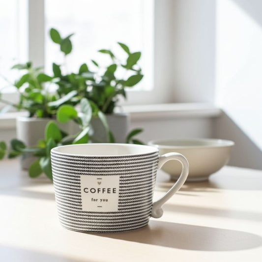 Bastion Collections Tasse Stripes and Coffee for you in Weiss mit schwarzer Schrift und Streifen – Ambiente