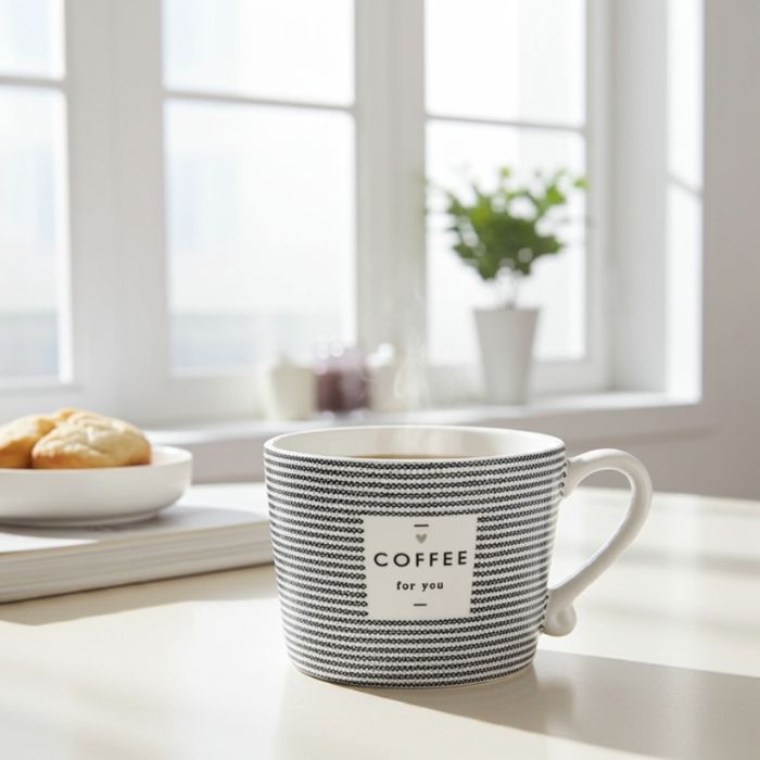 Bastion Collections Tasse Stripes and Coffee for you in Weiss mit schwarzer Schrift und Streifen – Ambiente