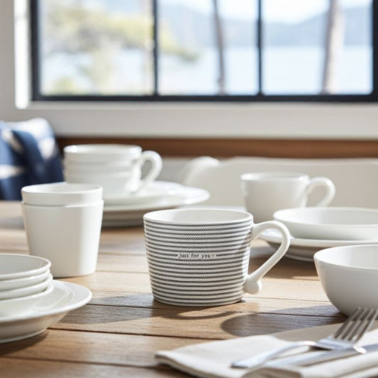 Bastion Collections Tasse Stripes Just for You in Weiss mit schwarzer Schrift und Streifen – Ambiente