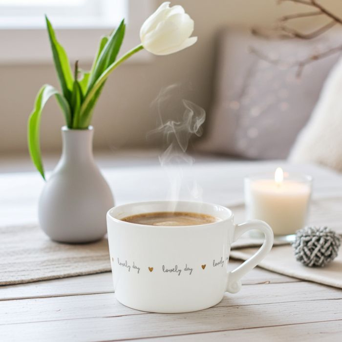 Bastion Collections kleine Tasse Weiss „Lovely Day“ dekorativ in Szene gestellt