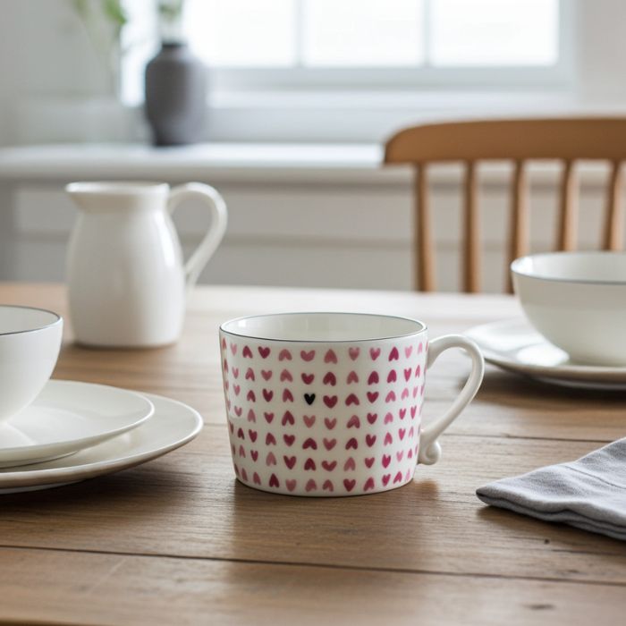 Bastion Collections Tasse Weiss mit rosa Herzen dekorativ in Szene gesetzt