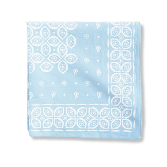 Detailaufnahme der Paisley- und Augen-Motive auf hellblauer Baumwolle mit feinem Rollsaum.