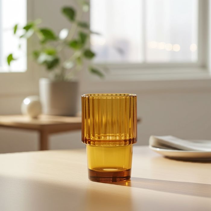 Stapelbare House Doctor Gläser Rills in Amber-bernsteinfarbener Optik Detailansicht Ambiente