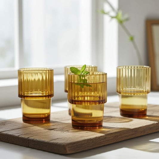 Stapelbare House Doctor Gläser Rills in Amber-bernsteinfarbener Optik Detailansicht