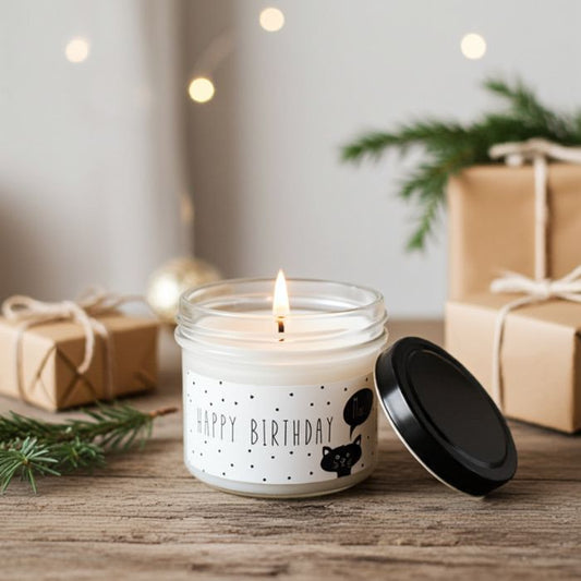 Statement Kerze im Glas – Happy Birthday Miau auf einem Tisch mit Geschenken