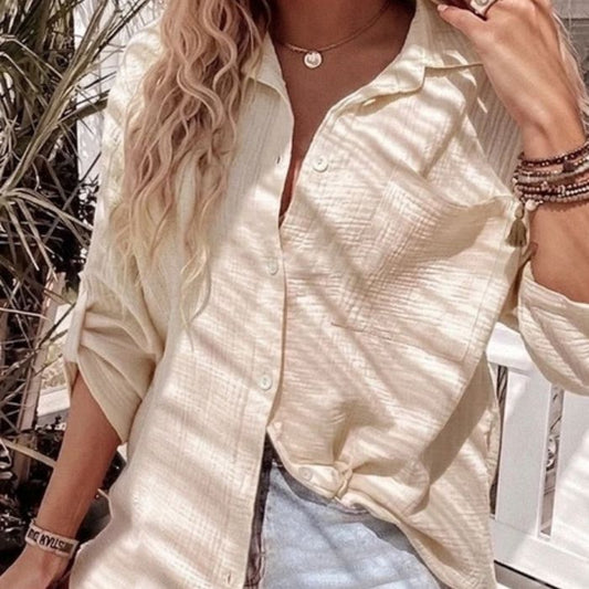 Mekea Musselin Bluse beige langarm Oversize locker geschnitten