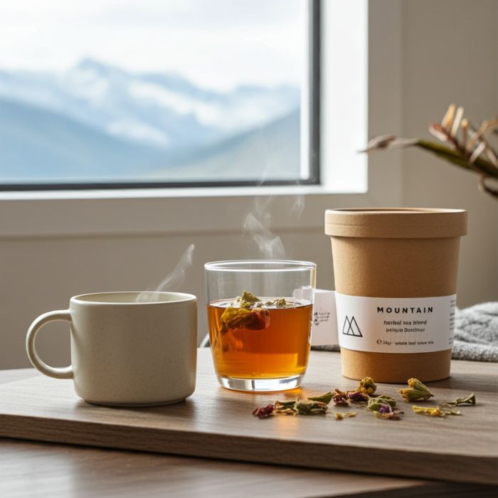 Atmosphärebild mit rhoeco Kräutertee Mountain für bewussten Genuss