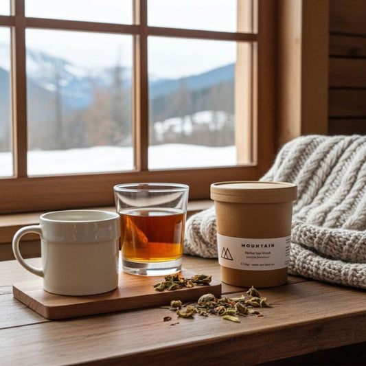 Atmosphärebild mit rhoeco Kräutertee mMountain für bewussten Genuss