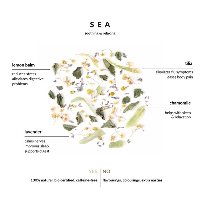 Nahaufnahme der Kräuterblätter und Blüten der Sea Teemischung