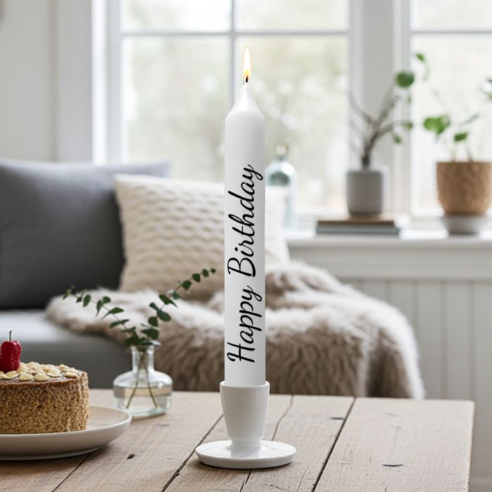 Stabkerze Happy Birthday Weiß 21 cm handveredelt Mekea - Geburtstags Ambiente
