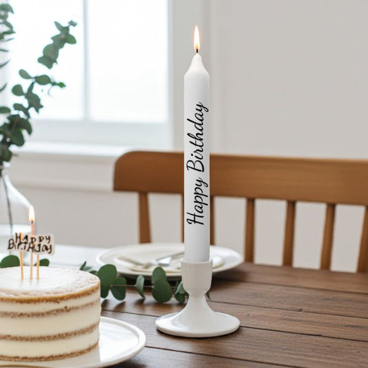 Stabkerze Happy Birthday Weiß 21 cm handveredelt Mekea - Geburtstags Ambiente