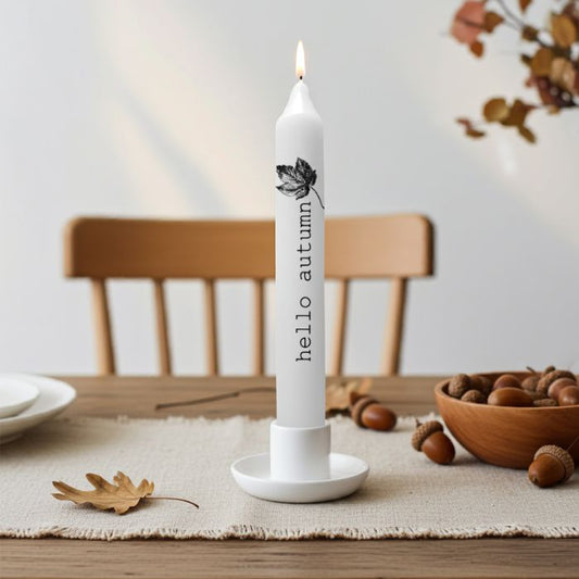 Mekea Stabkerze Hello Autumn Blatt Weiß 21 cm handveredelt in herbstlichem Ambiente