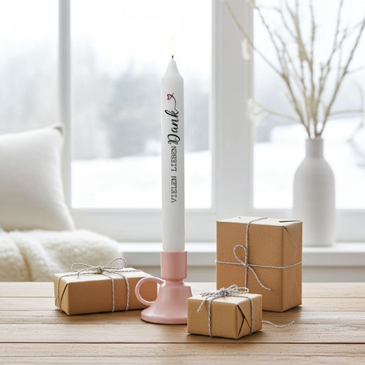 Stabkerze Vielen lieben Dank Weiß 21 cm handveredelt Mekea - Ambiente Stimmung mit kleinen Geschenken