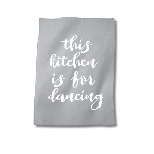 Graues Geschirr Tuch mit dem Spruch "This kitchen is for dancing" in Siebdruck