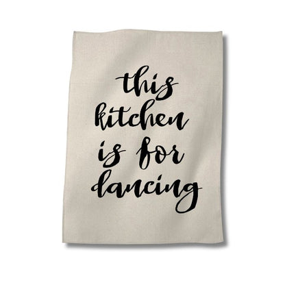 Naturfarbenes Geschirr Tuch mit dem Spruch "This kitchen is for dancing" in Siebdruck