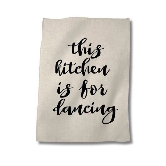 Naturfarbenes Geschirr Tuch mit dem Spruch "This kitchen is for dancing" in Siebdruck