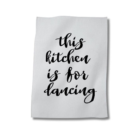 Weißes Geschirr Tuch mit dem Spruch "This kitchen is for dancing" in Siebdruck
