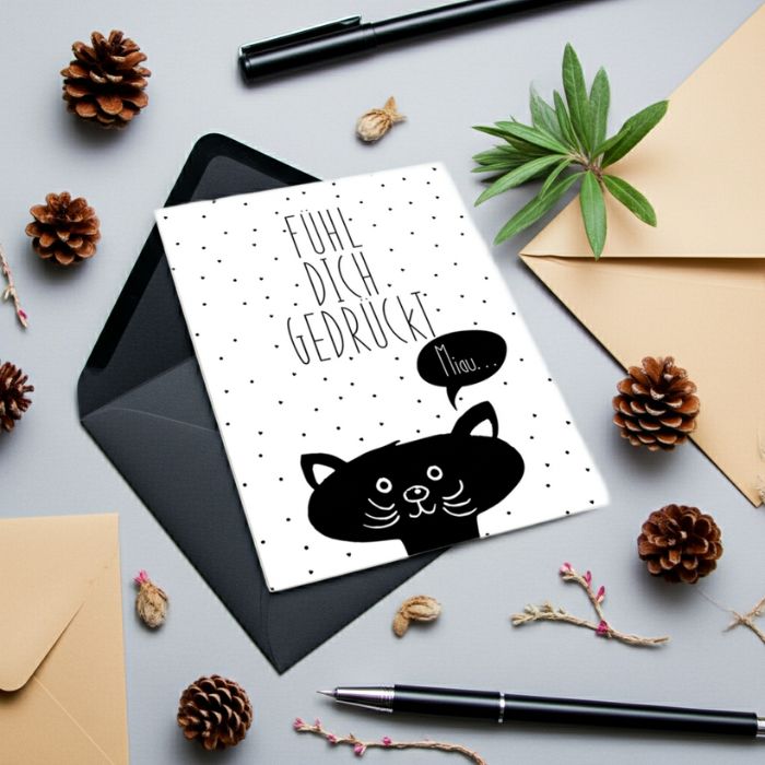 Grusskarte mit Briefumschlag – Fühl dich gedrückt Miau als kleine Umarmung für einen lieben Menschen