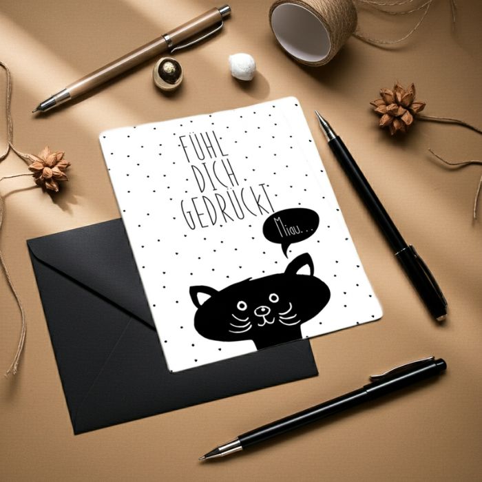 Grusskarte mit Briefumschlag – Fühl dich gedrückt Miau als kleine Umarmung für einen lieben Menschen