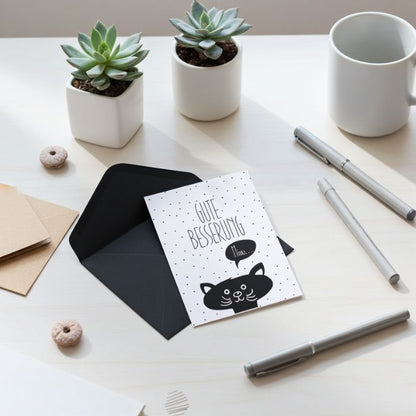 Grusskarte mit schwarzem Briefumschlag – Gute Besserung Miau als Genessungsgruss für deinen Liebings Mensch