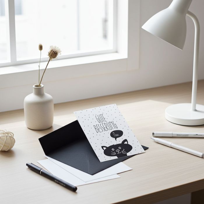 Grusskarte mit schwarzem Briefumschlag – Gute Besserung Miau als Genessungsgruss für deinen Liebings Mensch