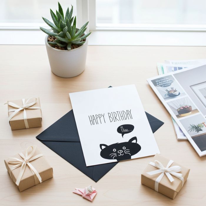 Grusskarte mit Briefumschlag – Happy Birthday Miau - Kleiner Gruss für einen lieben Menschen