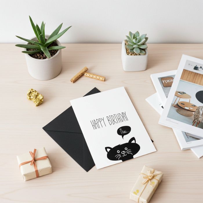 Grusskarte mit Briefumschlag – Happy Birthday Miau - Kleiner Gruss für einen lieben Menschen