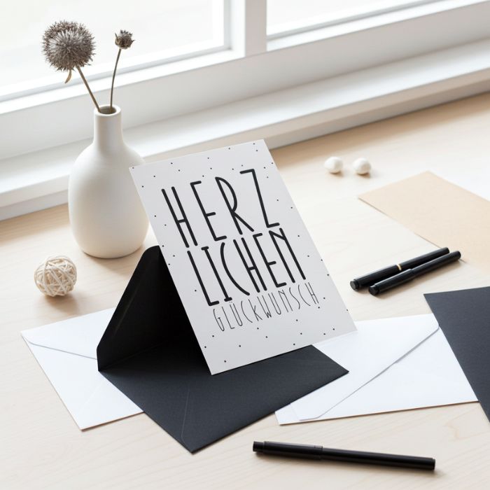 Minimalistische Grusskarte mit Briefumschlag mit Herzlichen Glückwunsch zum Geburtstag, oder als Glückwunsch zur Geburt. 