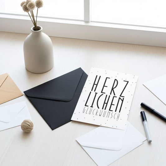 Minimalistische Grusskarte mit Briefumschlag mit Herzlichen Glückwunsch zum Geburtstag, oder als Glückwunsch zur Geburt. 
