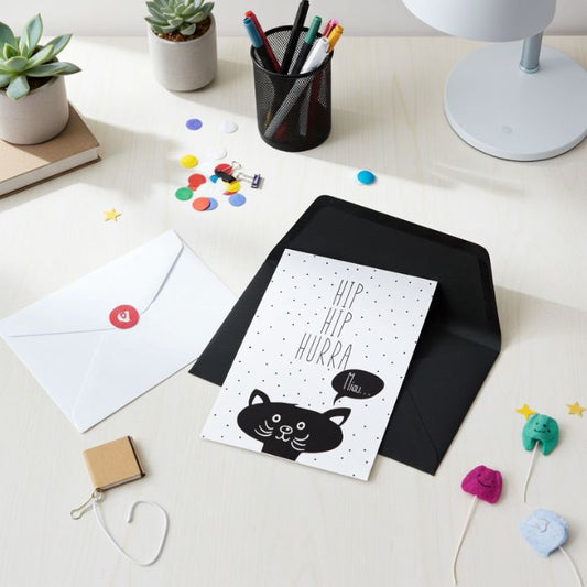 Grusskarte mit Briefumschlag – Hip Hip Hurra Miau - Perfekt als kleiner Stimmungsgruss, zur Geburt, zum Geburtstag, oder einfach so als kleine Aufmerksamkeit