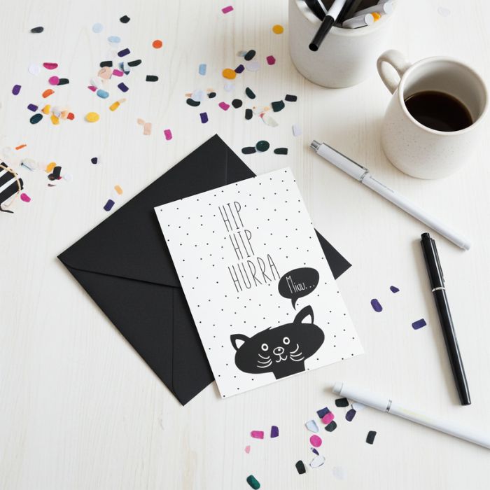 Grusskarte mit Briefumschlag – Hip Hip Hurra Miau - Perfekt als kleiner Stimmungsgruss, zur Geburt, zum Geburtstag, oder einfach so als kleine Aufmerksamkeit
