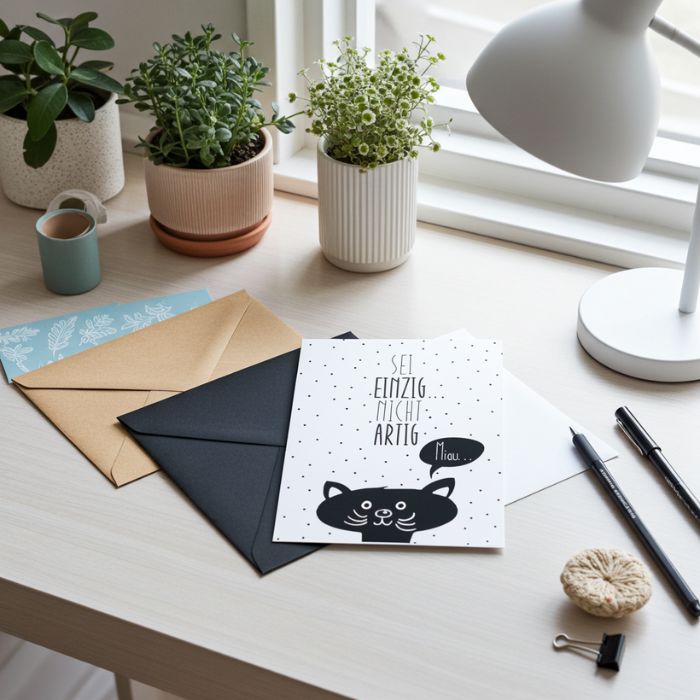 Grusskarte mit Briefumschlag – Sei einzig nicht artig Miau zur Aufmunterung als kleine Gruss