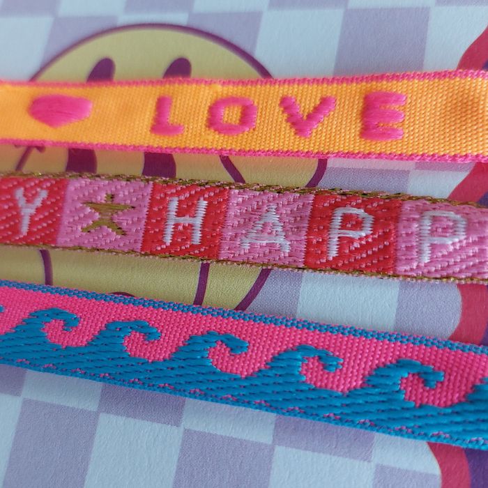 Armband Set Love-Happy-Wellen Textband Grusskarte Bio handgefertigt Mekea