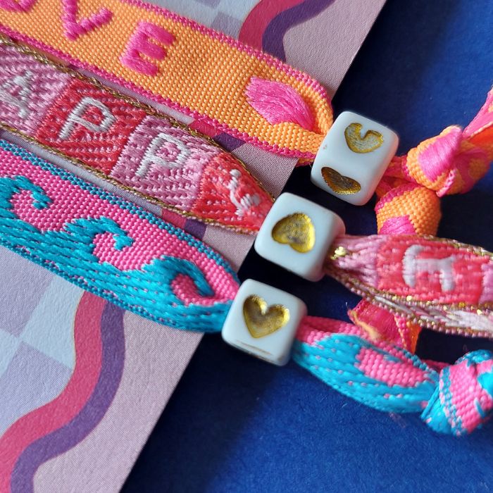 Armband Set Love-Happy-Wellen Textband Grusskarte Bio handgefertigt Mekea
