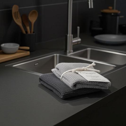 Spültücher 2er-Set von Aspegren Denmark in schlichtem Grau in Küchen Szene