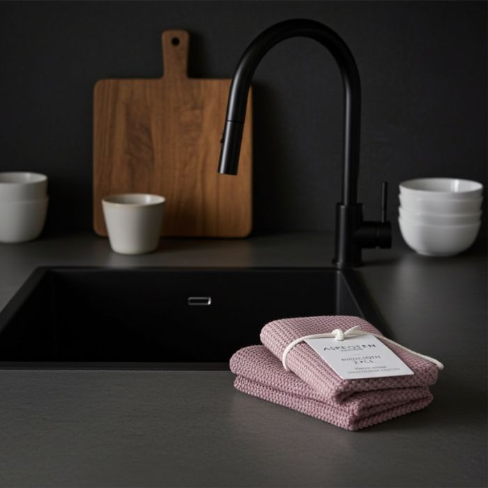 Spültücher Malve im 2er-Set von Aspegren Denmark, gestrickt - In Küchenszene