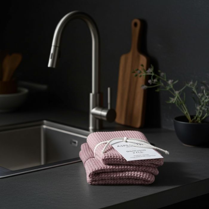 Spültücher Malve im 2er-Set von Aspegren Denmark, gestrickt - In Küchenszene