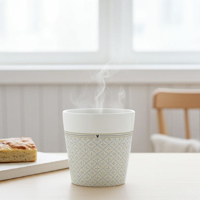 Bastion Collections Steinzeug Becher Little Mosaic in Weiss mit schwarzem Mosaik-Muster – Ambiente