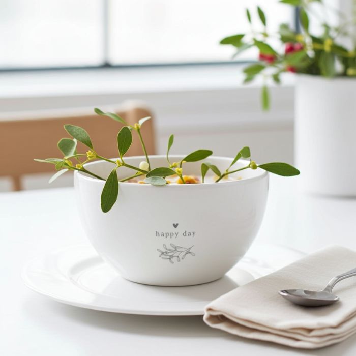 Bastion Collections Keramik Schüssel Weiss mit „Happy Day“ – in Szene gesetzt