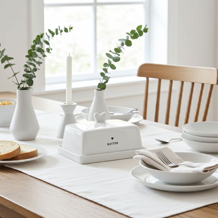 Bastion Collections Butterdose Fleet Weiss mit schwarzem Herz auf Frühstückstisch und Ambiente Stimmung