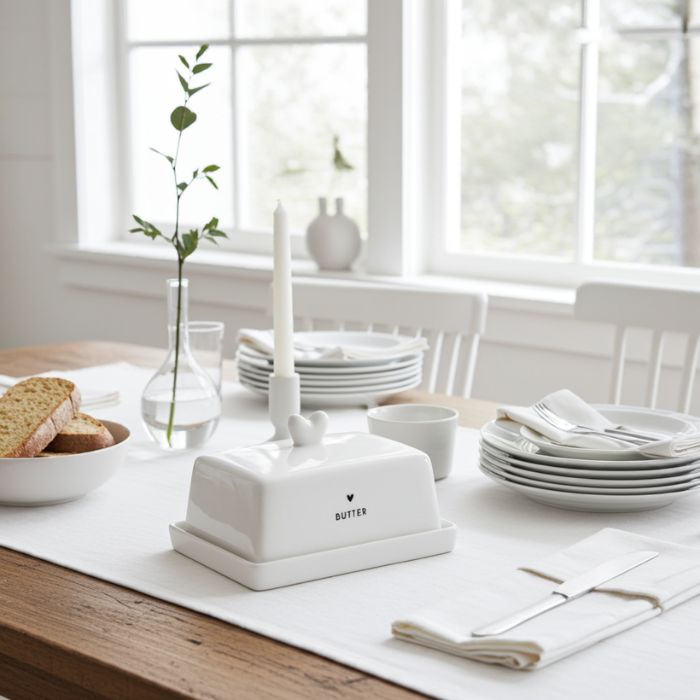 Bastion Collections Butterdose Fleet Weiss mit schwarzem Herz auf Frühstückstisch in weisser Ambiente Stimmung