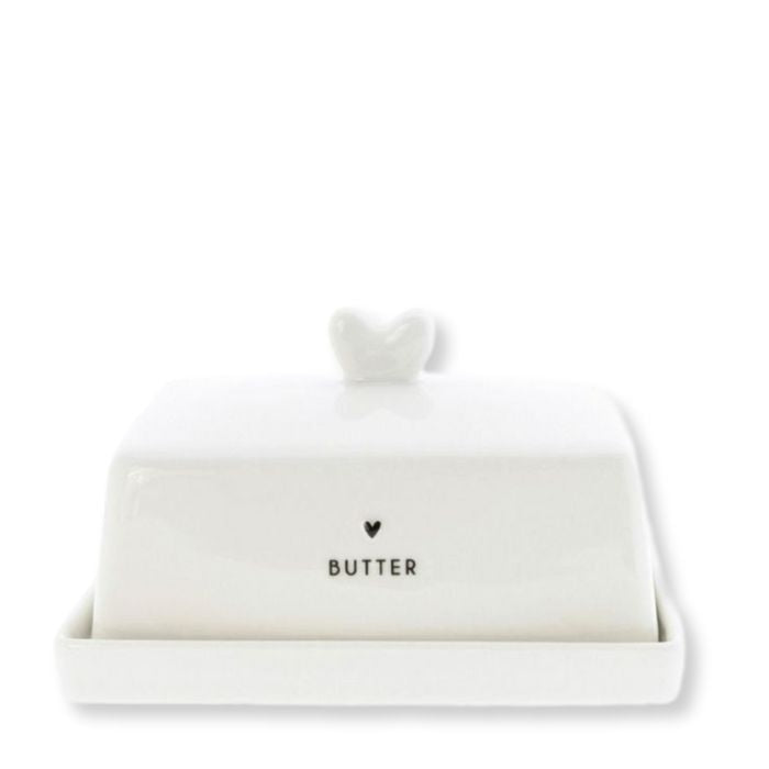 Bastion Collections Keramik Butterdose Fleet Weiss mit schwarzem Herz – Vorderansicht
