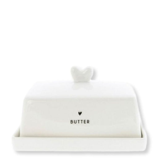 Bastion Collections Keramik Butterdose Fleet Weiss mit schwarzem Herz – Vorderansicht