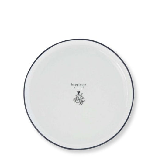 Bastion Collections Keramik Dessertteller Weiss mit Schriftzug „Happiness“ – Vorderansicht