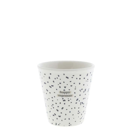 Bastion Collections Espresso-Becher Paperlook Little Dots Happy weiss mit schwarzem Pünktchenmuster – Vorderansicht